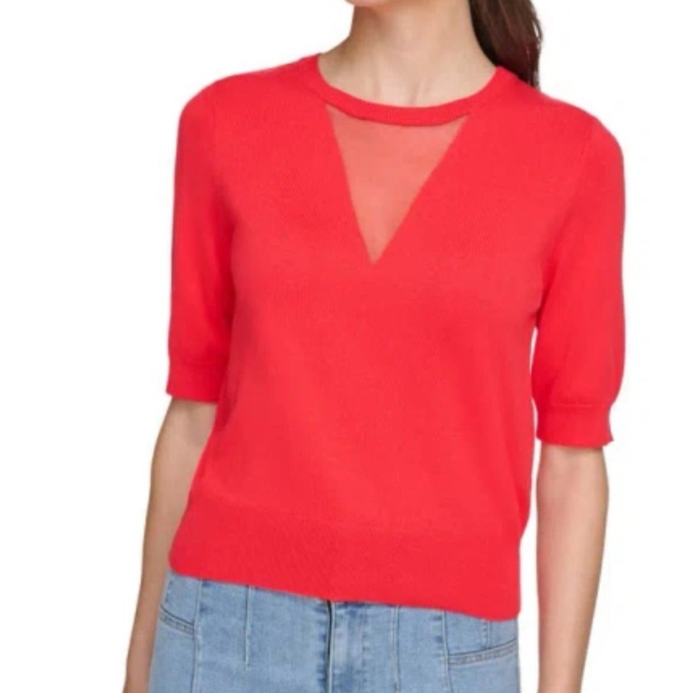 Red DKNY short sleeved sweater XS bold feminine date night classic sheer